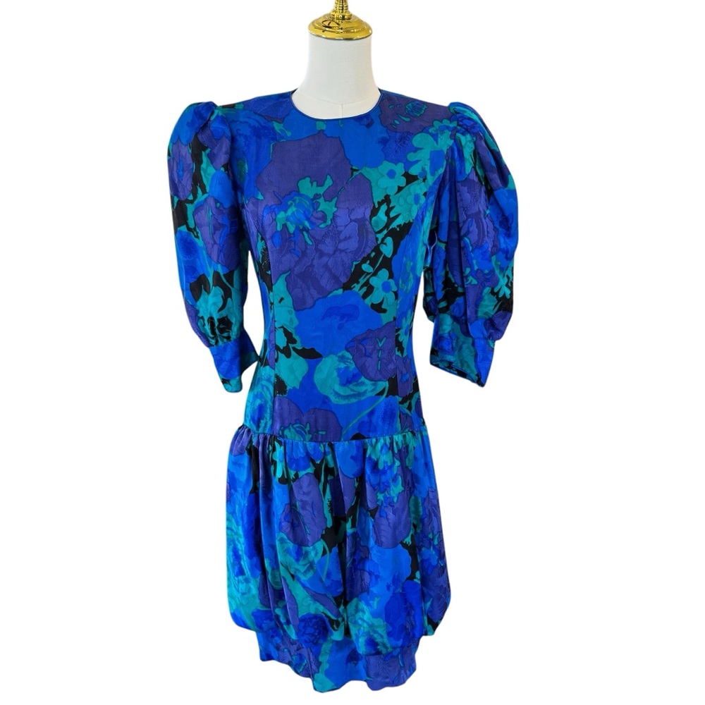 Vintage 80's Flora Kung 100% Silk Floral Dress 2 Green/Blue Puff Skirt Sheath